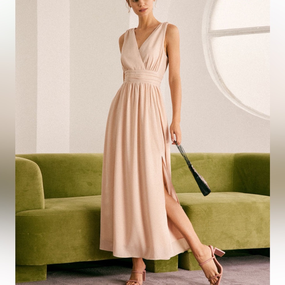 Rihoas Apricot V Neck Ruched Wrap Maxi Dress